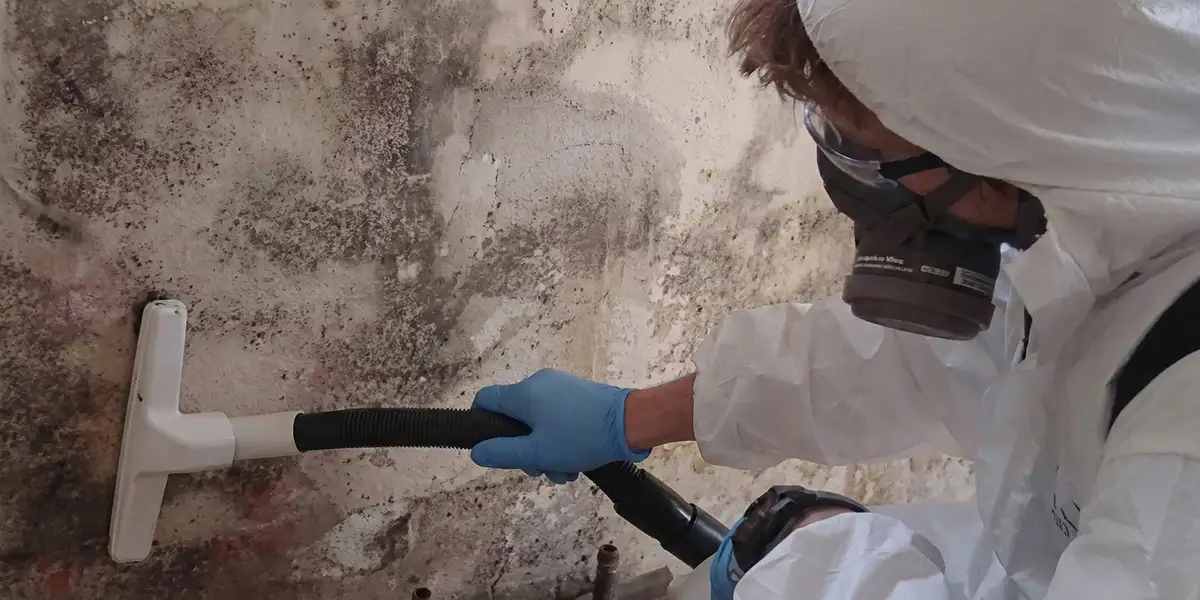 professional mold removal technician wearing protective equipment removing mold from a wall in Chandler, AZ
